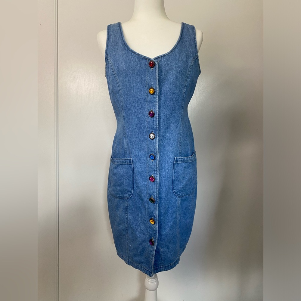 Vintage GOLD RUSH Denim Dress Jewel Buttons Size Medium
